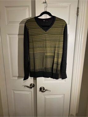 Mexx Men's V-Neck Striped Sweater in Black and Olive
